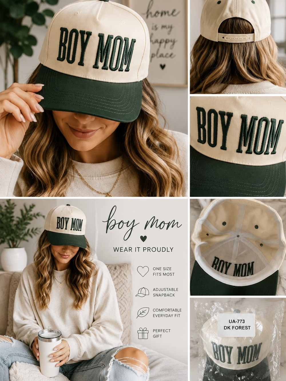 NWT BOY MOM Embroidered Snapback Trucker Hat Ivory & Dark Forest Green Adjustabl